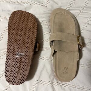 New York & Company Taupe Suede Slip-On Mule with Gold Buckle